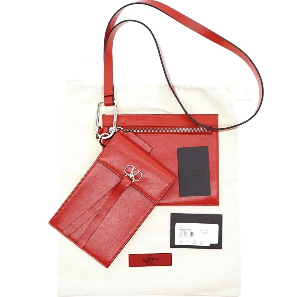 Valentino V-RING Wallet & Pouch On Strap Red Leather New